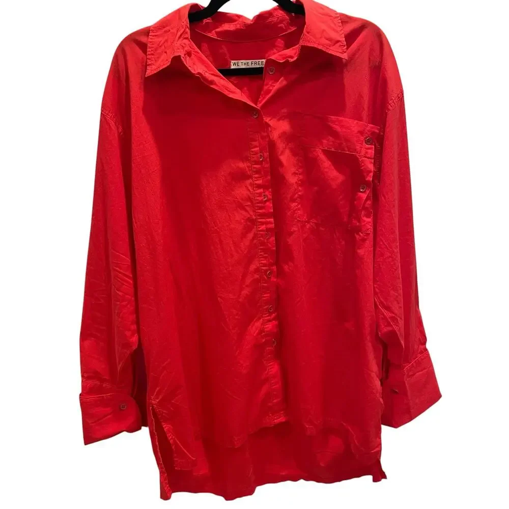 Free People We The Free Hallie French Cuff Shirt Red Size S Oversized